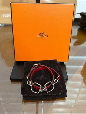Hermes Red Double Tour Leather Bracelet with Silver Horsebit